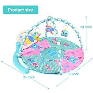 Baby Activity Gym Kick & Play Piano Tummy Time Play Mat with 5 Activity Sensory Toys, Newborn Mat for Girl and Boy 0-36 Month