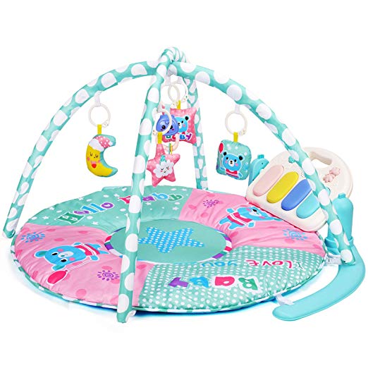 Baby Activity Gym Kick & Play Piano Tummy Time Play Mat with 5 Activity Sensory Toys, Newborn Mat for Girl and Boy 0-36 Month