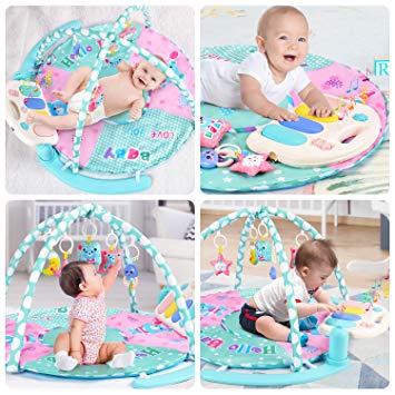 Baby Activity Gym Kick & Play Piano Tummy Time Play Mat with 5 Activity Sensory Toys, Newborn Mat for Girl and Boy 0-36 Month